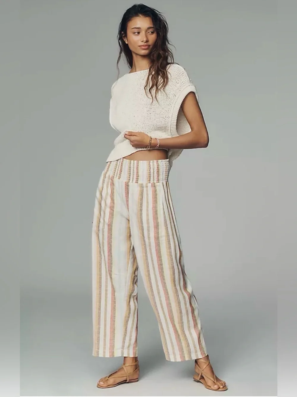 Pilcro Reese Smocked Pull On Barrel Pants in Multi Stripe